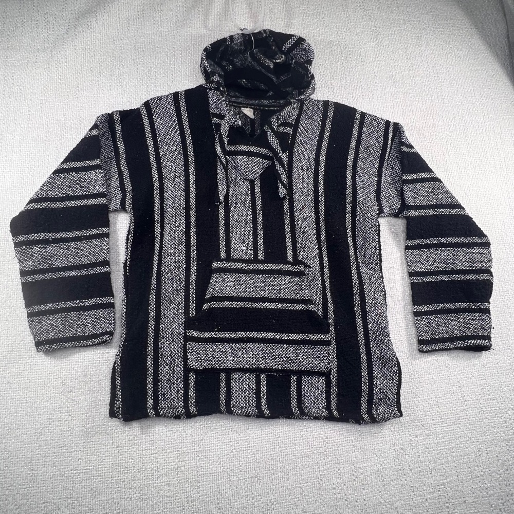 Vintage Mexican Baja Hoodie Drug Rug Black White Striped Pullover Sweatshirt